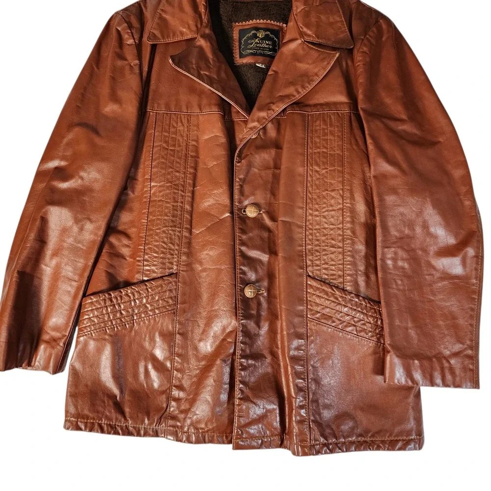 Vintage Genuine Leather Blazer Jacket Men's 42 Brown Faux Fur Lined Made in USA‎